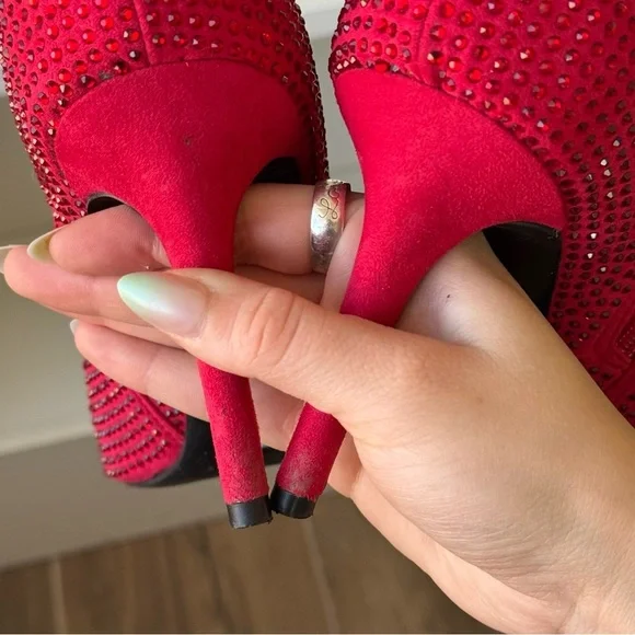 NINE WEST Dazzle Red Rhinestone Stilletto High Heel Slipper Booties - Picture 7 of 8